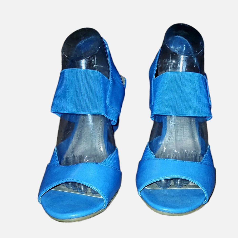 Basic Editions Heeled Sandals 10M Platform Open Toe Blue Fabric Man Made…